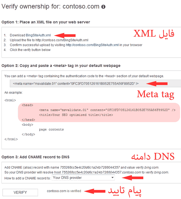 معرفی سایت وبمستر بینگ ,معرفی نقشه سایت, وبمستر بینگ ,تایید هویت از طریق DNS دامنه.تایید هویت با Meta tag,تایید هویت با فایل XML,معرفی سایت به بینگ, تایید هویت وبمستر,ساخت اکانت وبمستر بینگ, معرفی سایت, وبمستر بینگ,موتور جستجوی بینگ,وبمستر بینگ